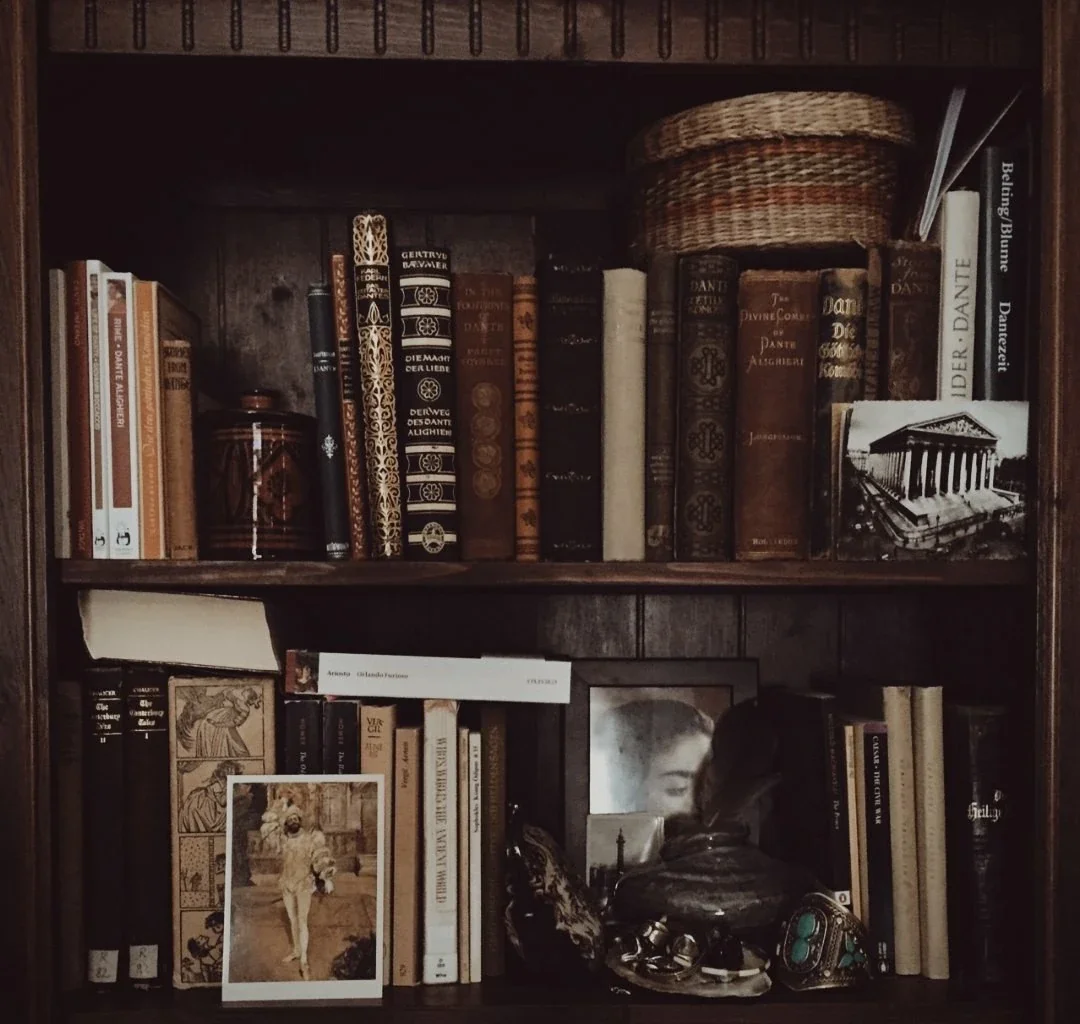 Dark, wooden bookshelf full with old books, classics. Some photographs of Greek architecture and portraits of historical figures also feature. 