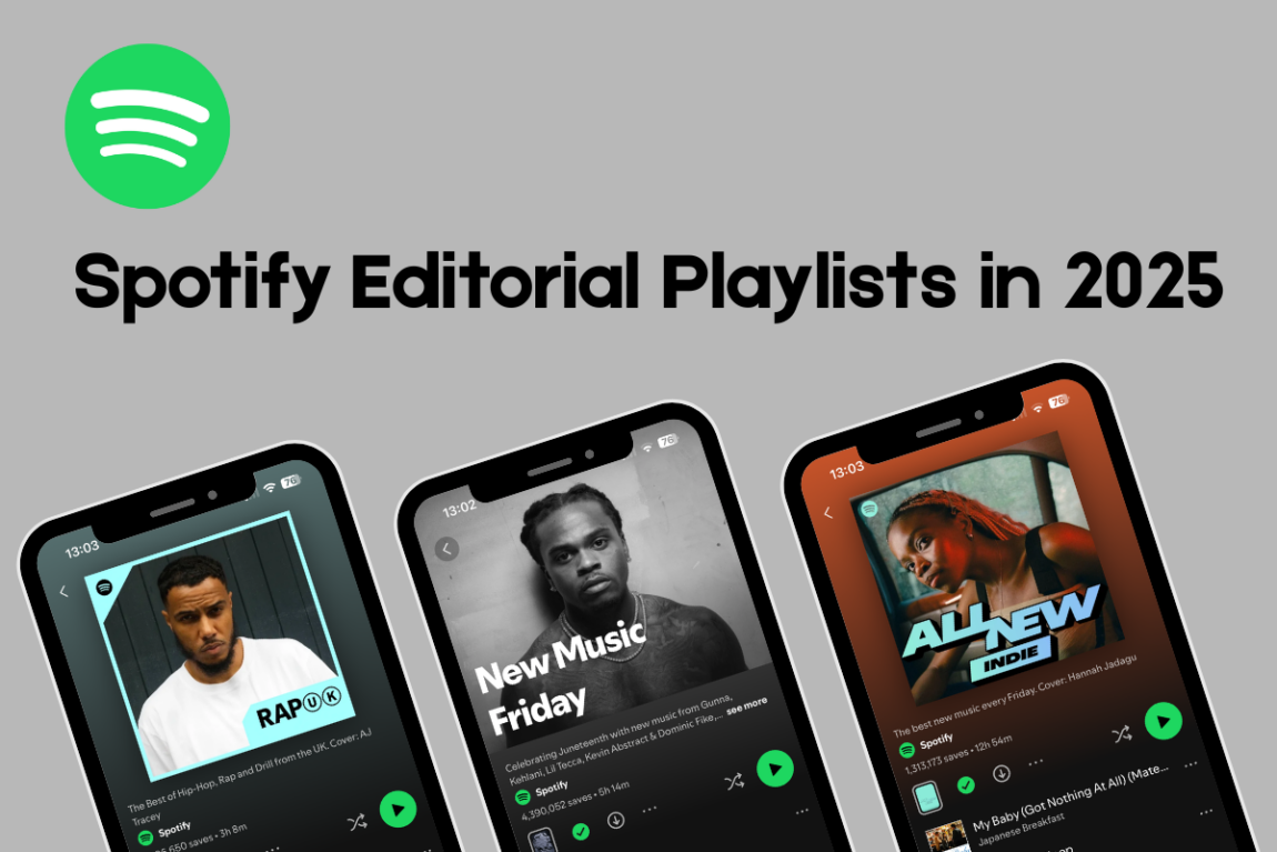 Three smartphones displaying Spotify editorial playlists: RAP UK, New Music Friday, and All New Indie, under the heading 'Spotify Editorial Playlists in 2025' with the Spotify logo above