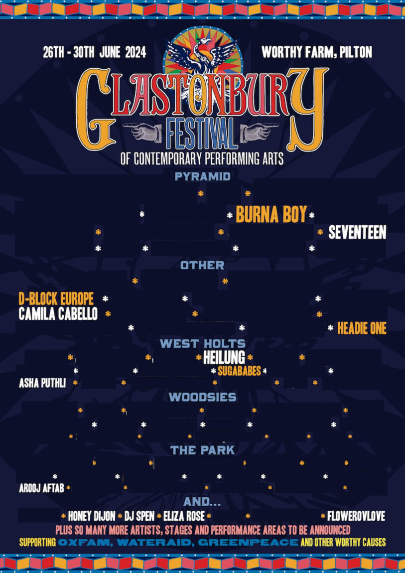 Glastonbury Festival 2024 poster with all artists who began their careers in grassroots venues removed.