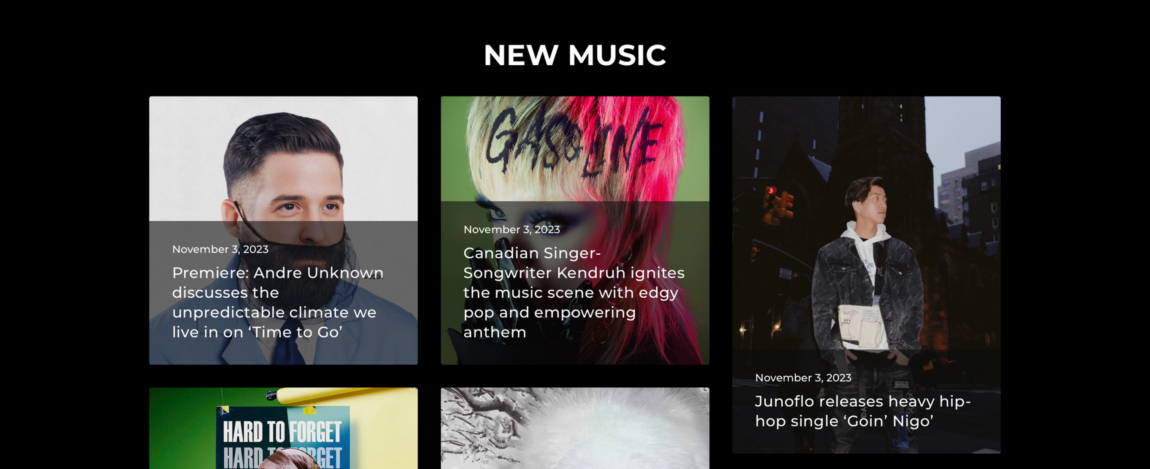 Grid of new music releases featuring Andre Unknown’s premiere, Canadian singer-songwriter Kendruh’s empowering anthem, and Junoflo’s hip-hop single ‘Goin’ Nigo,’ displayed with vibrant cover art and release dates.